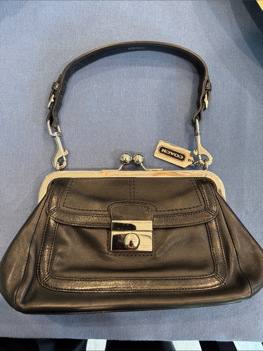 Y2K Coach Black Leather Frame Shoulder Bag with Silver Hardware